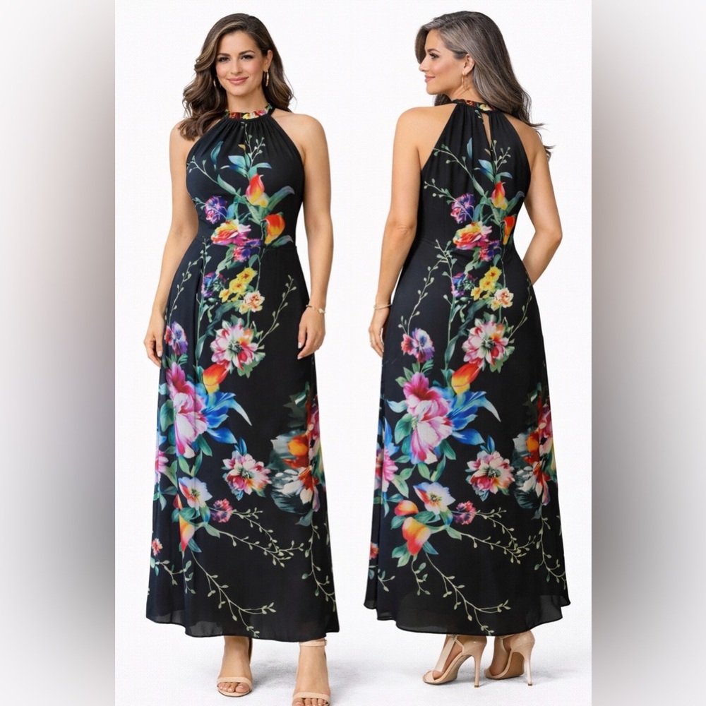 Leslie Fay Maxi Dress 4 Small Black Floral Tropical Washable NWT $129.50 New